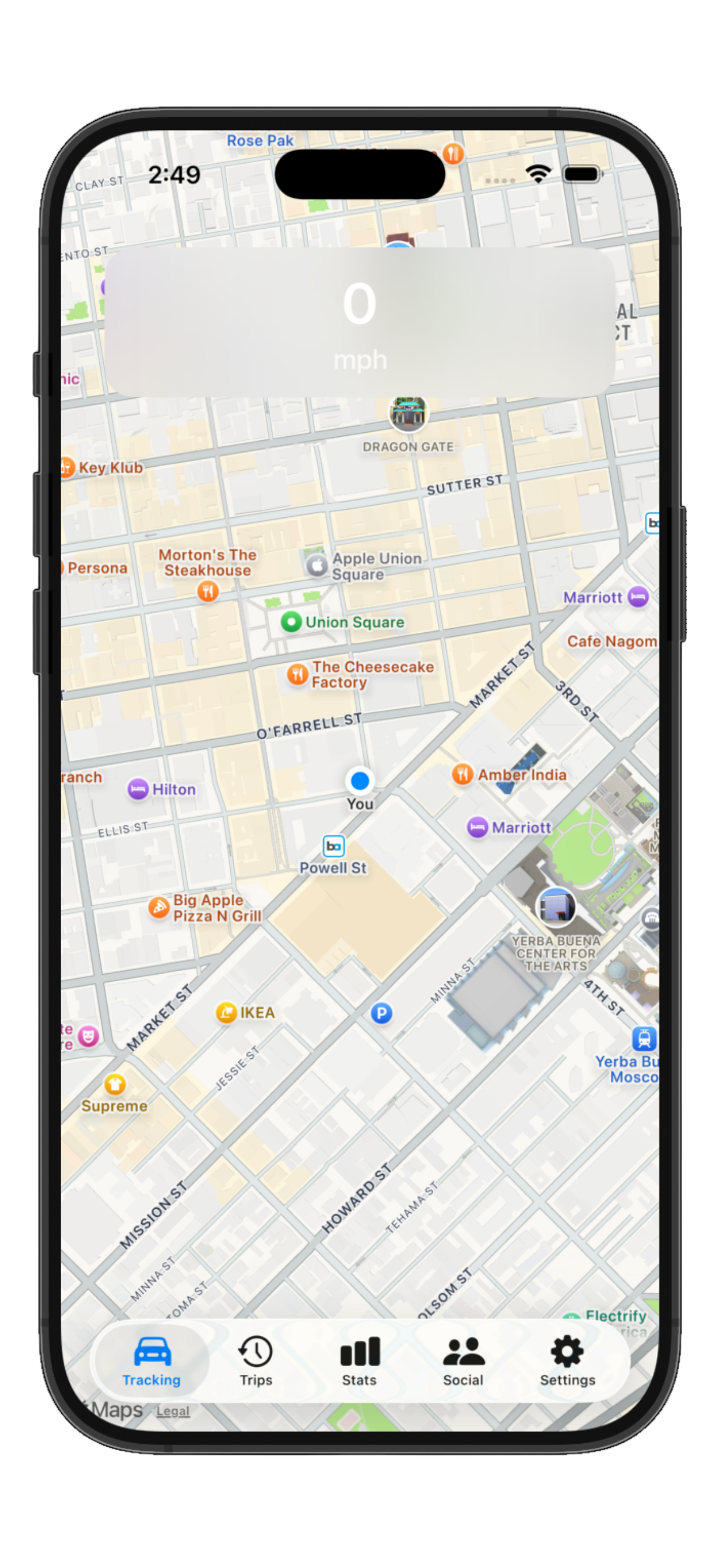 TR1P live tracking HUD with speed and route