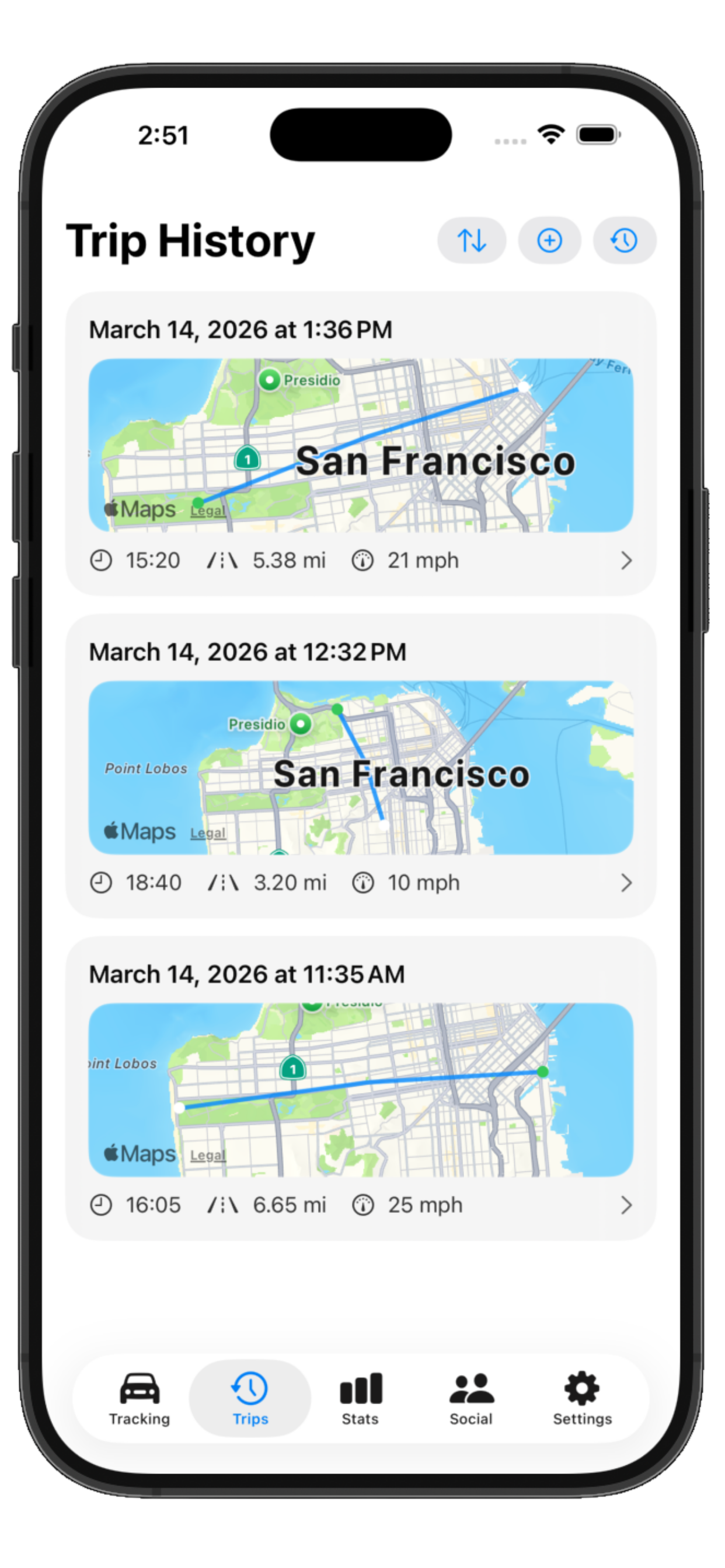 TR1P trip history list with mini maps and durations